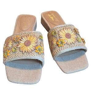 Circus NY Sunflower Embellished Raffia Slide Sandals